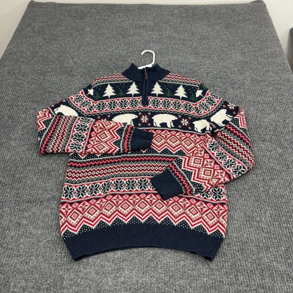 Aspen Sweater Mens L Navy Blue Cotton Polar Bear Fair Isle‎ Quarter Zip Festive